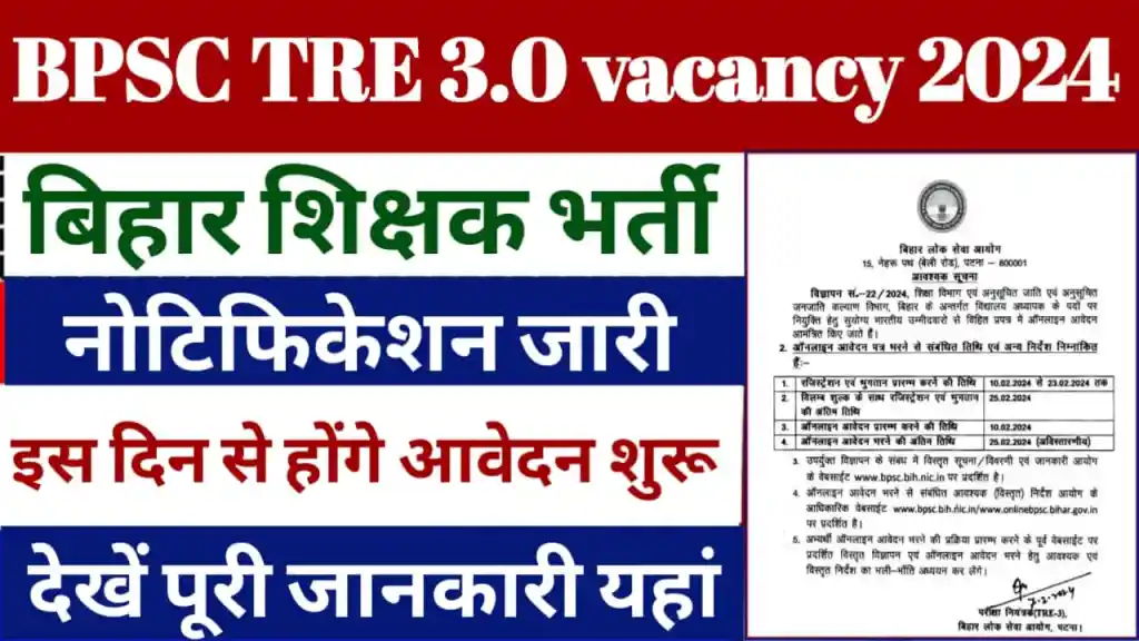 BPSC TRE 3.0 School Teacher Vacancy 2024 :- बिहार शिक्षक भर्ती के बारे में जाने संपूर्ण जानकारी |