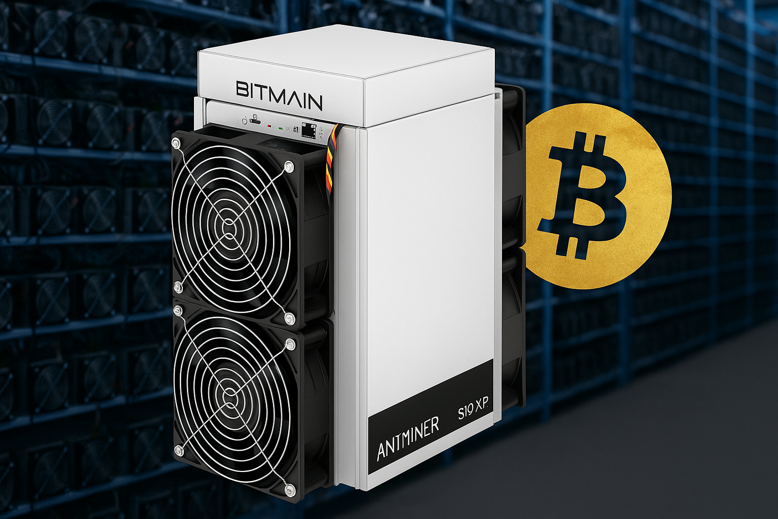 Bitmain Antminer S19 XP माइनिंग मशीन के सामने का दृश्य, कूलिंग फैन और बिटकॉइन लोगो के साथ