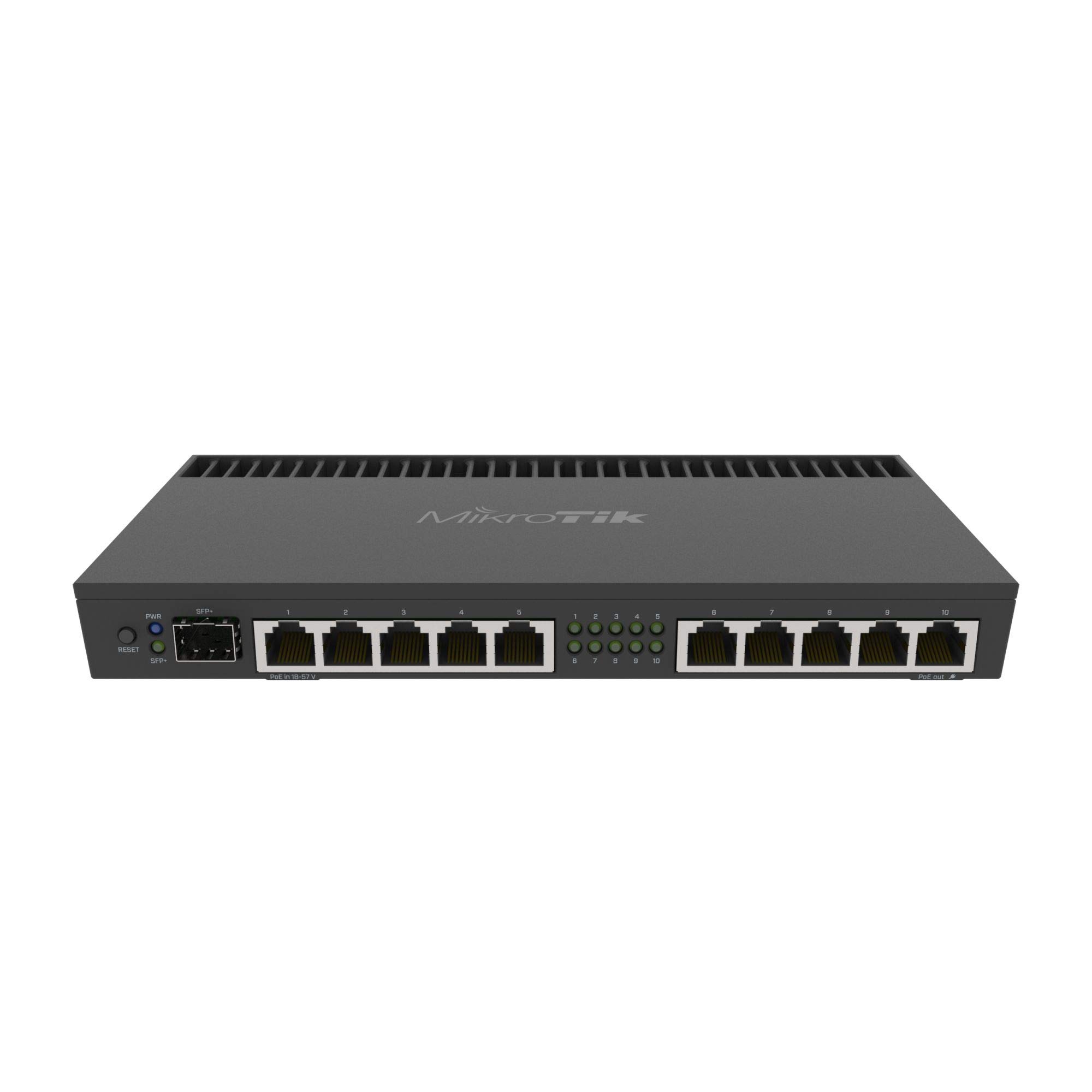 "MikroTik router with multiple Ethernet ports and LED indicators"